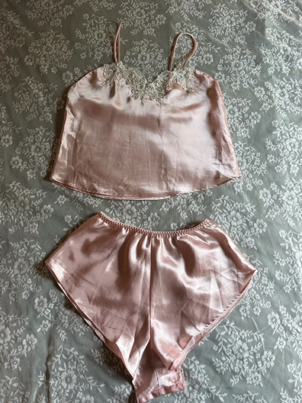 Gold tag Vintage Victoria's Secret Blush Pink Satin Lace-Trim Cami & Shorts Set